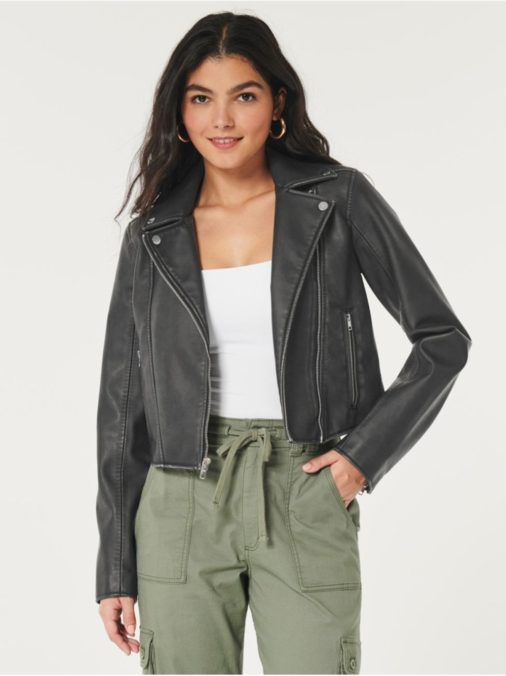 Hollister Black Cropped Vegan Leather Biker Jacket